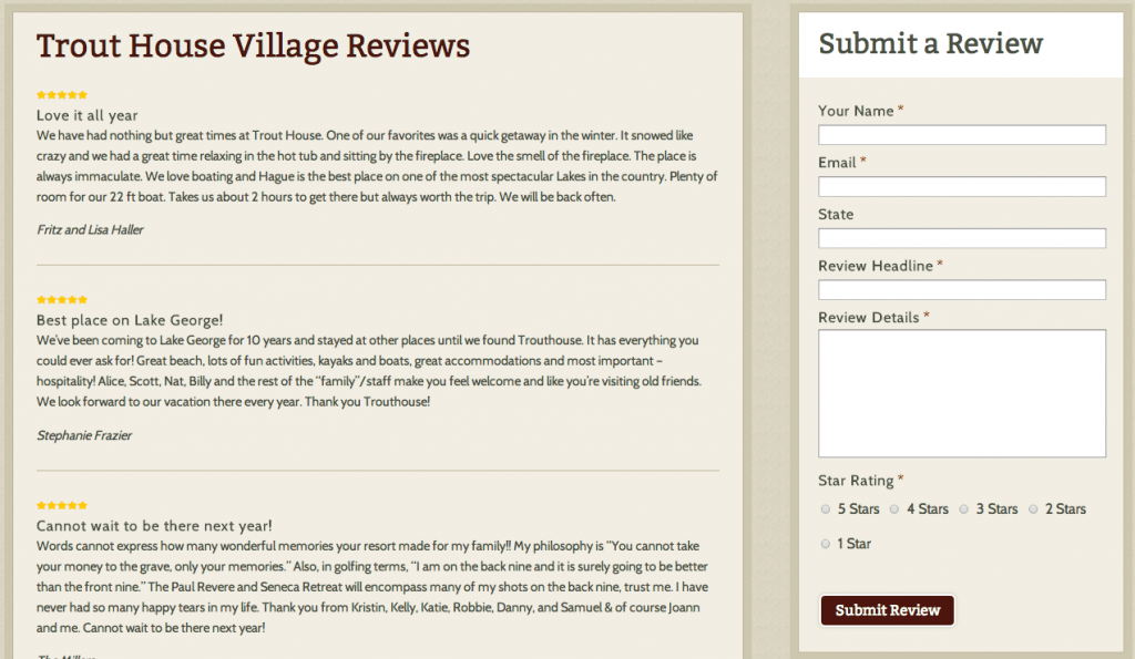 Captura de pantalla de comentarios de huéspedes del sitio web de Trouthouse Resort del diseño del sitio web