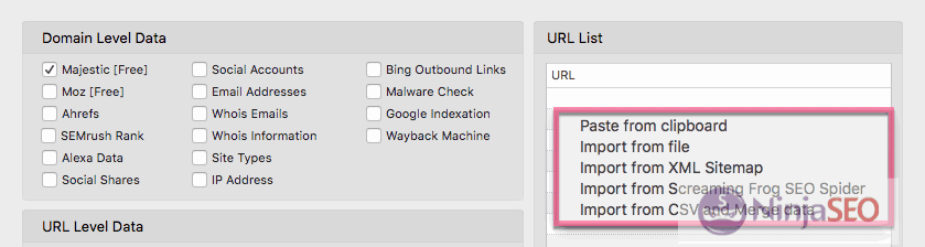 Diferentes formas de importar datos en URL Profiler