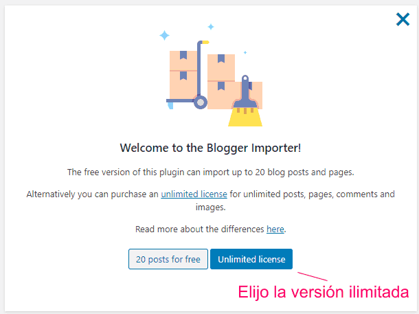 Elección de la versión ilimitada del Blogger Importer Extended