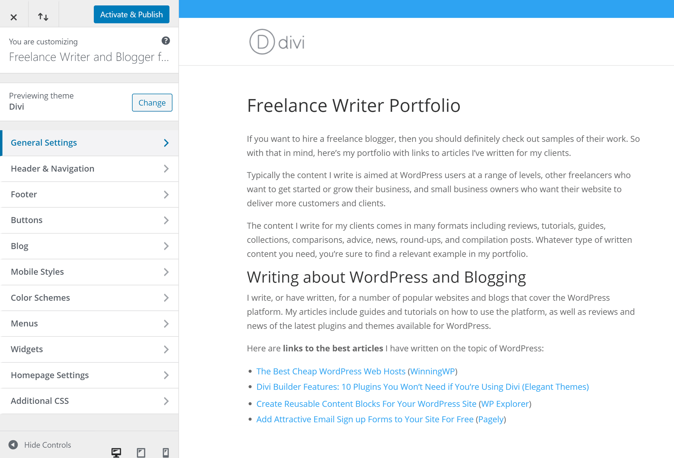 Ejemplo de personalización de Divi WordPress