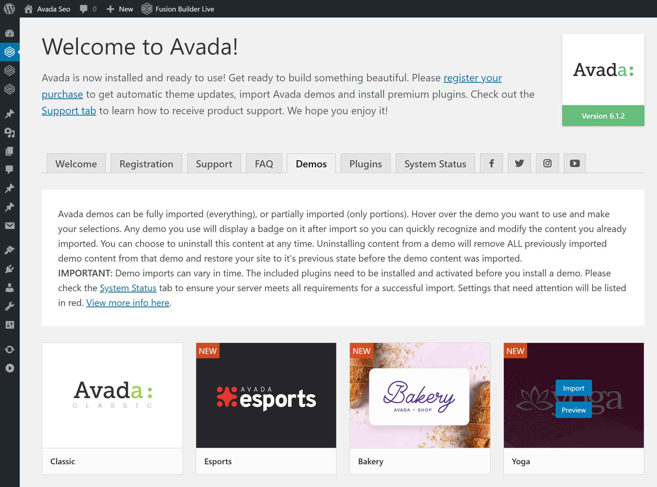Interfaz de uso del tema Avada