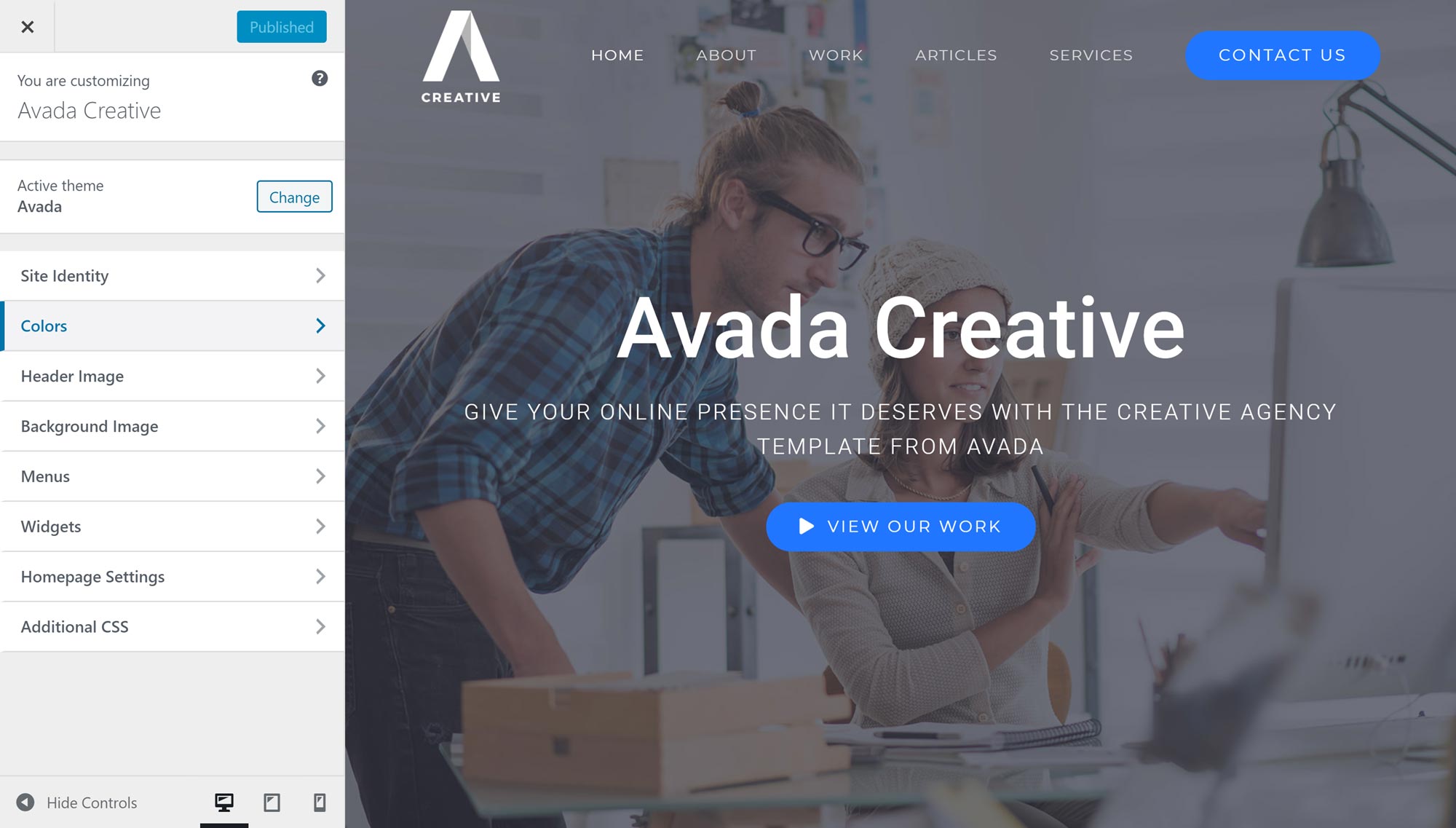 Control del personalizador de Avada WordPress