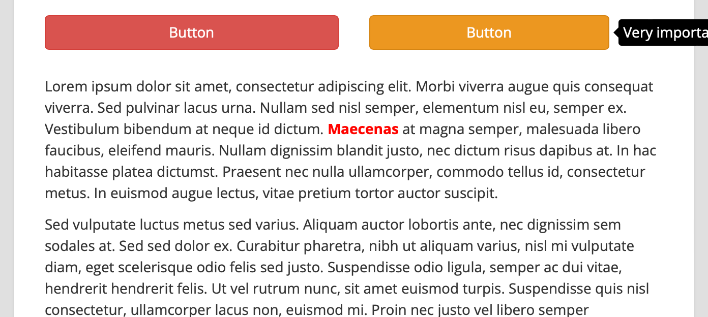 Botón rojo y botón naranja, ambos con sugerencias CSS, encima de los dos bloques de texto grandes.  El botón naranja se desplaza, mostrando una pista a la derecha, pero está cortado del borde de la ventana gráfica, lo que hace que el contenido sea ilegible.