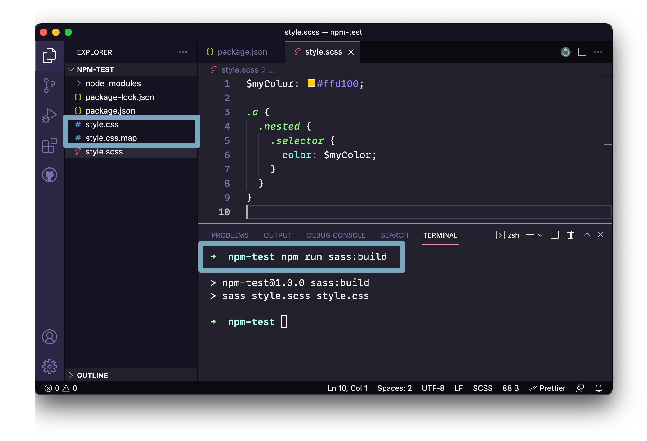 Captura de pantalla de la aplicación VS Code con el archivo style.scss abierto y el terminal abierto debajo con los comandos npm, incluido npm run sass: build.