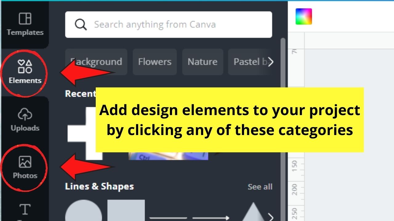 Agregar elementos de diseño desde las pestañas Fotos y Elementos
