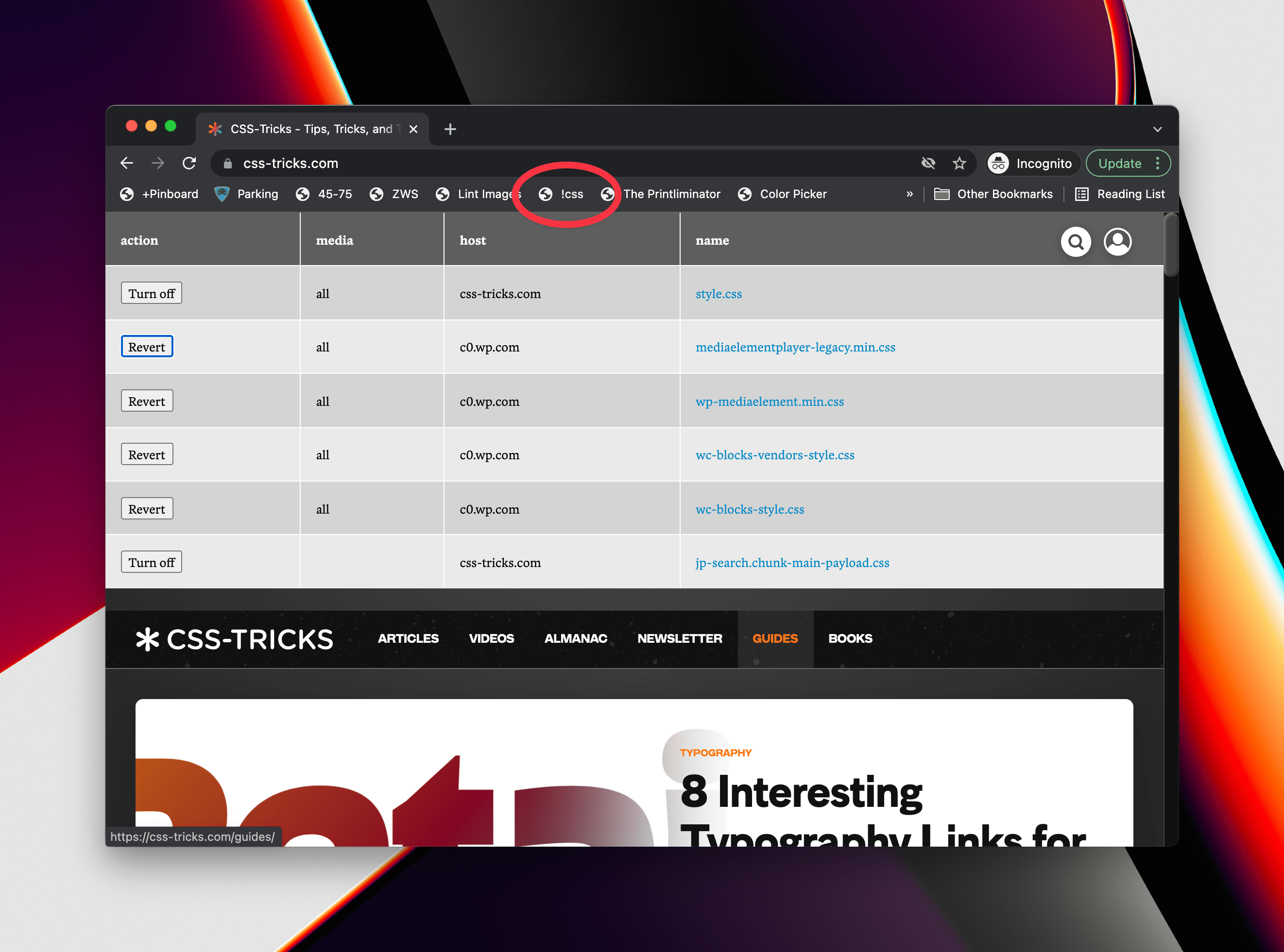 Captura de pantalla de una ventana del navegador Chrome que muestra la marca de verificación CSS Me Not en rojo debajo de la barra de direcciones, a continuación se muestra la tabla insertada sobre el sitio web de CSS-Tricks que muestra seis hojas de estilo, incluida la acción de desactivación del titular de la lista, el host de la hoja y el nombre de la hoja.