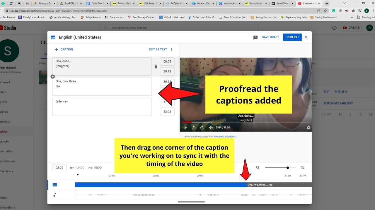 Cómo agregar subtítulos, pegar y sincronizar videos a tus videos de YouTube Paso 4