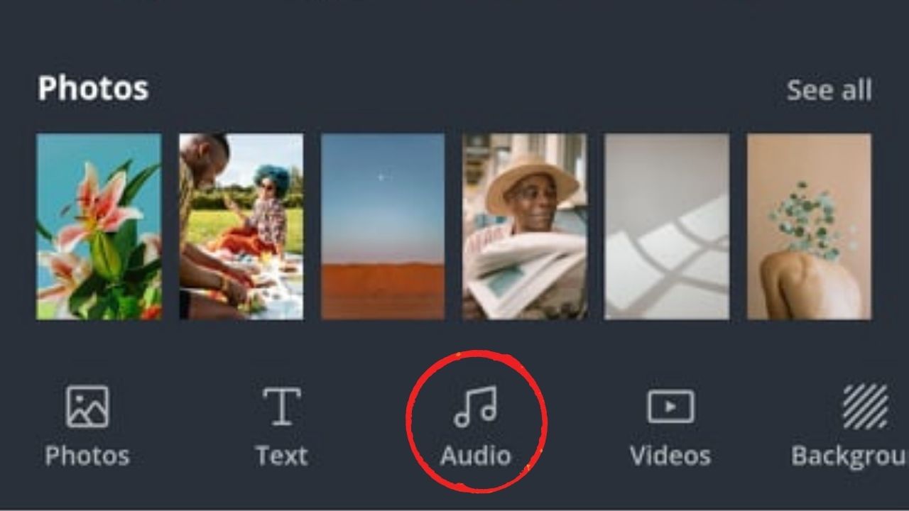 Cómo agregar música a la aplicación móvil de Canva Agregar música desde la biblioteca de audio de Canva Paso 3.1