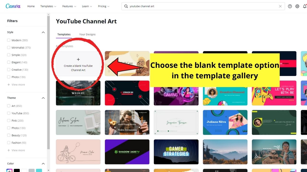 Cómo crear una imagen de canal de YouTube con una plantilla de banner de YouTube en blanco en Canva Paso 1.2
