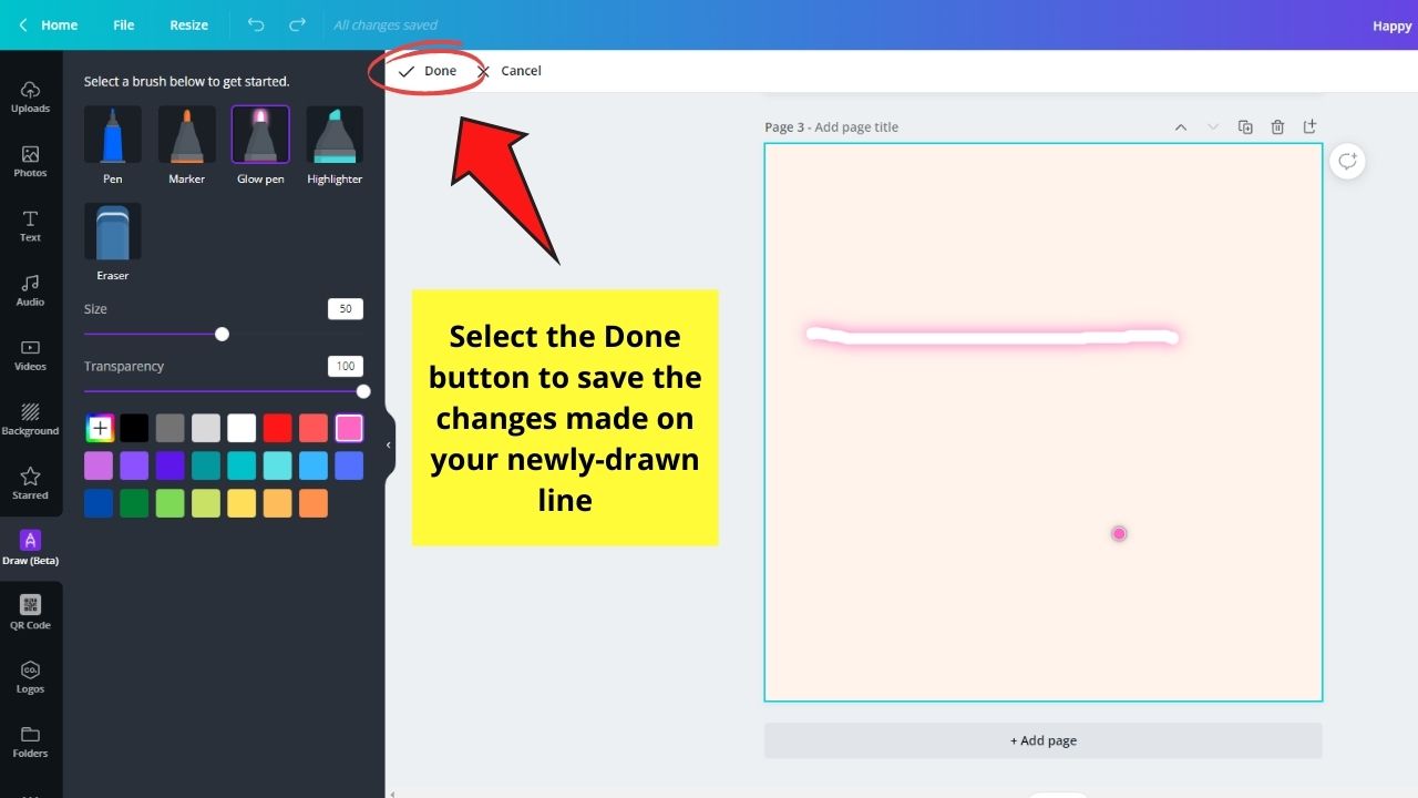 Cómo usar la aplicación Dibujar (beta) para dibujar líneas en Canva Paso 4
