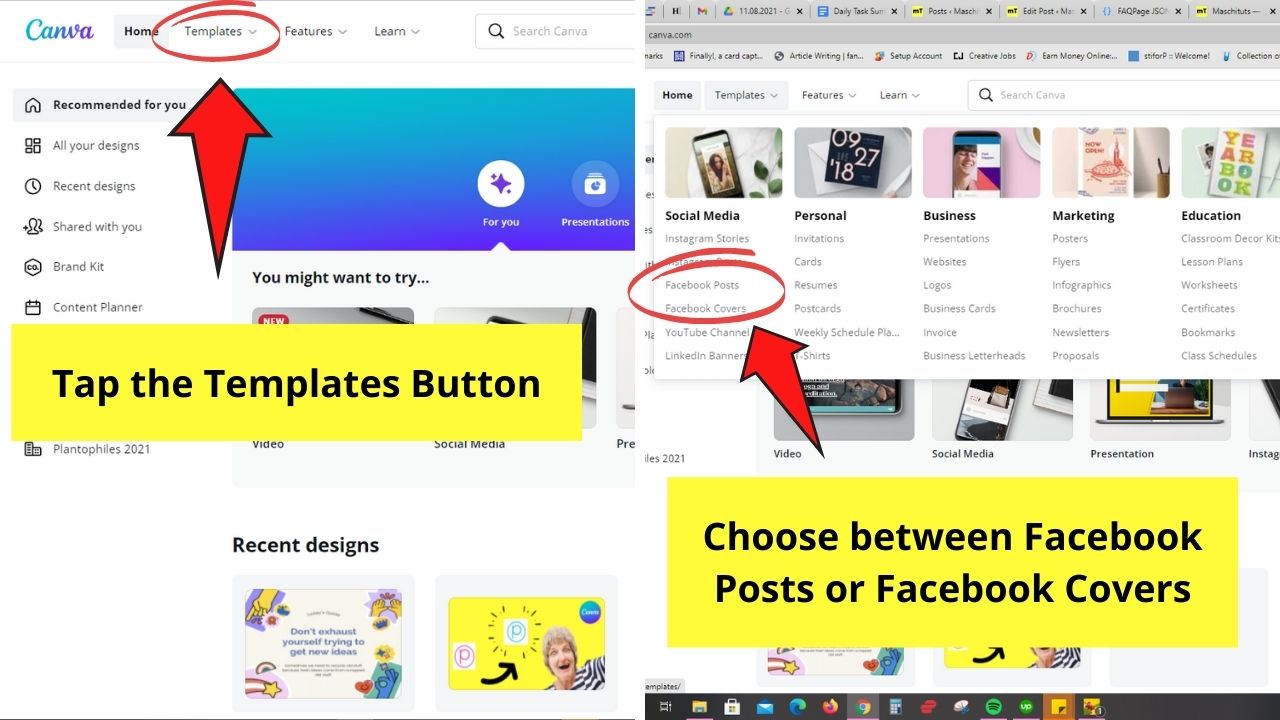 Cómo crear una publicación de Facebook con Canva en Facebook Paso 1