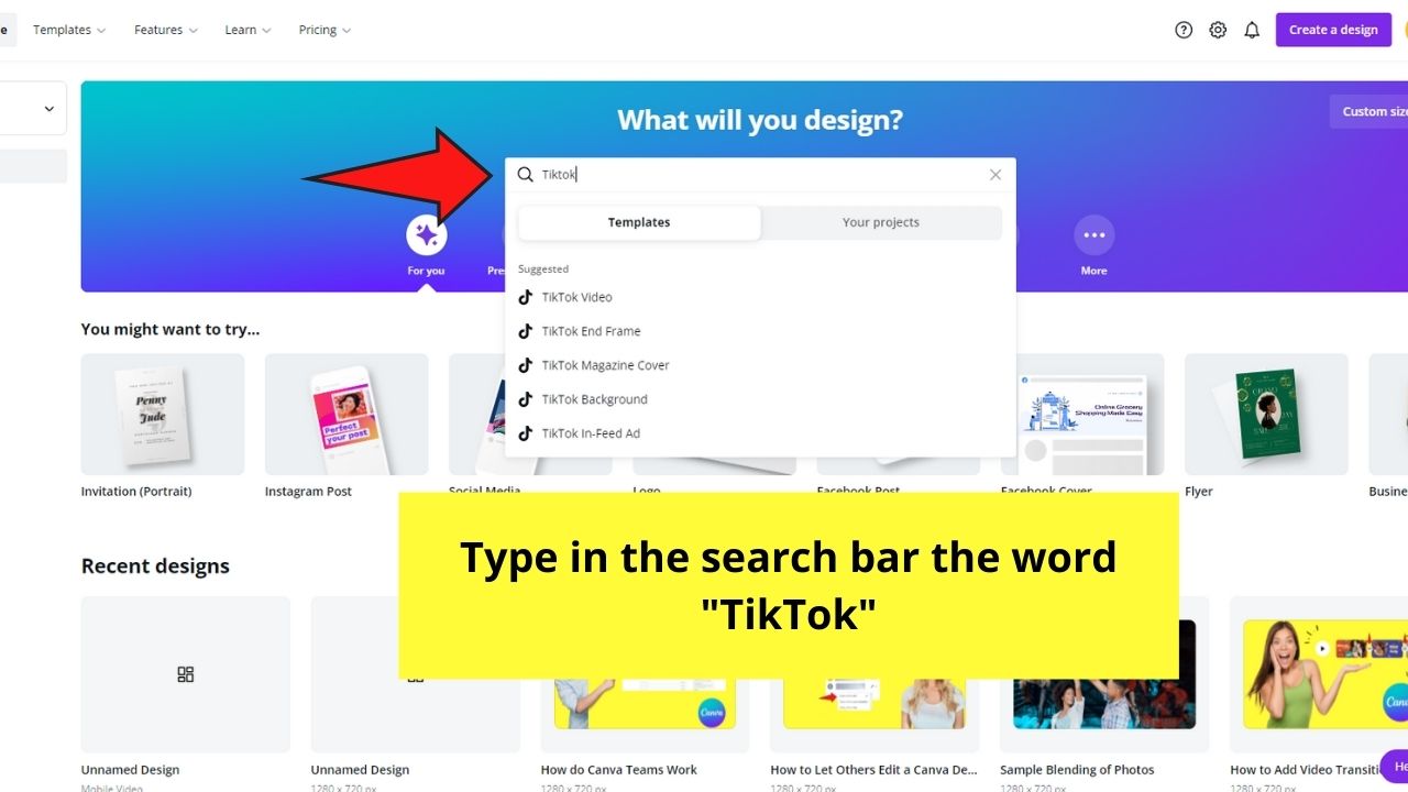 Cómo crear un nuevo archivo de diseño para Tiktok usando Canva Paso 1