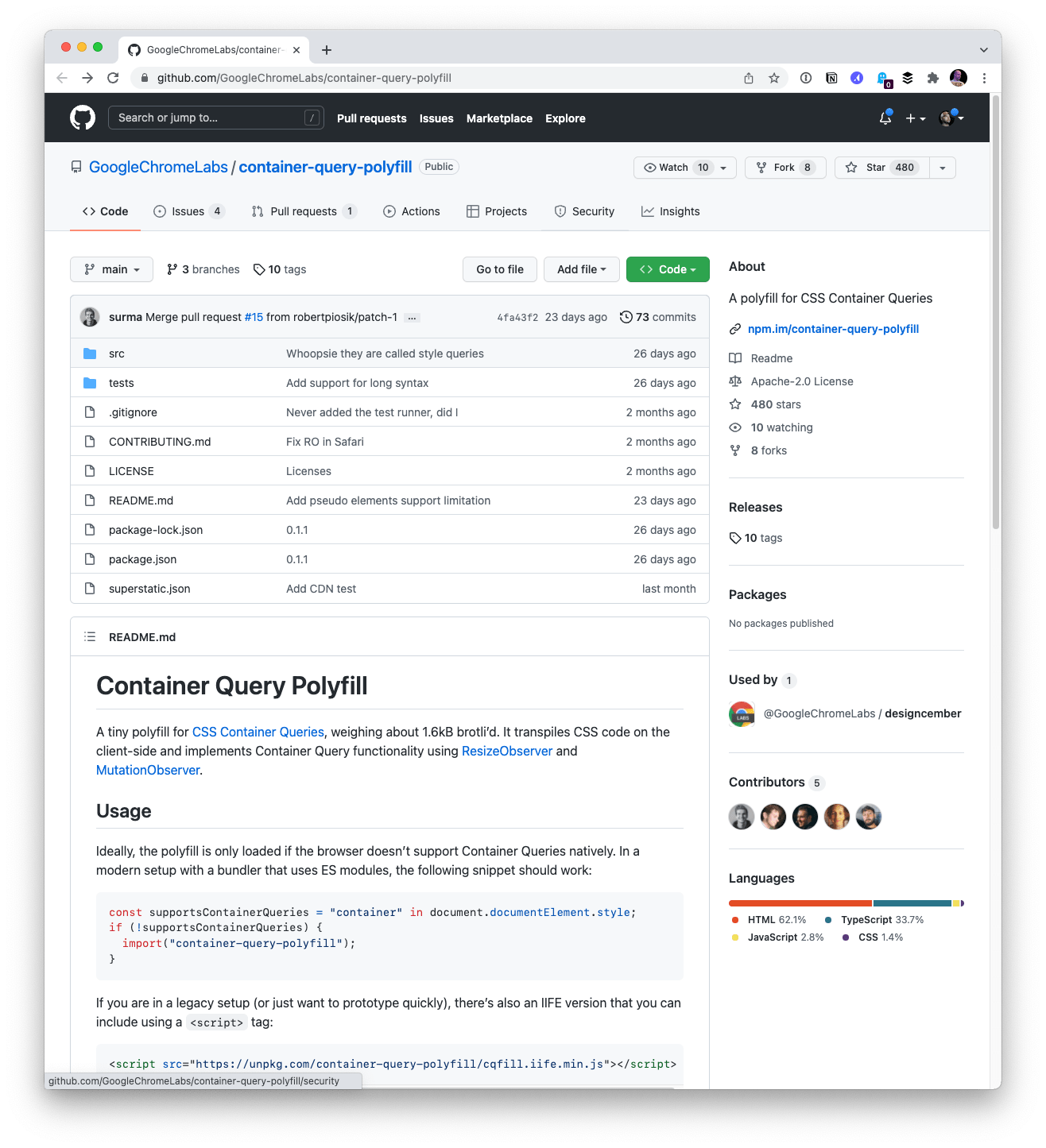 Consulta el contenedor de almacenamiento de GitHub de Polyfill
