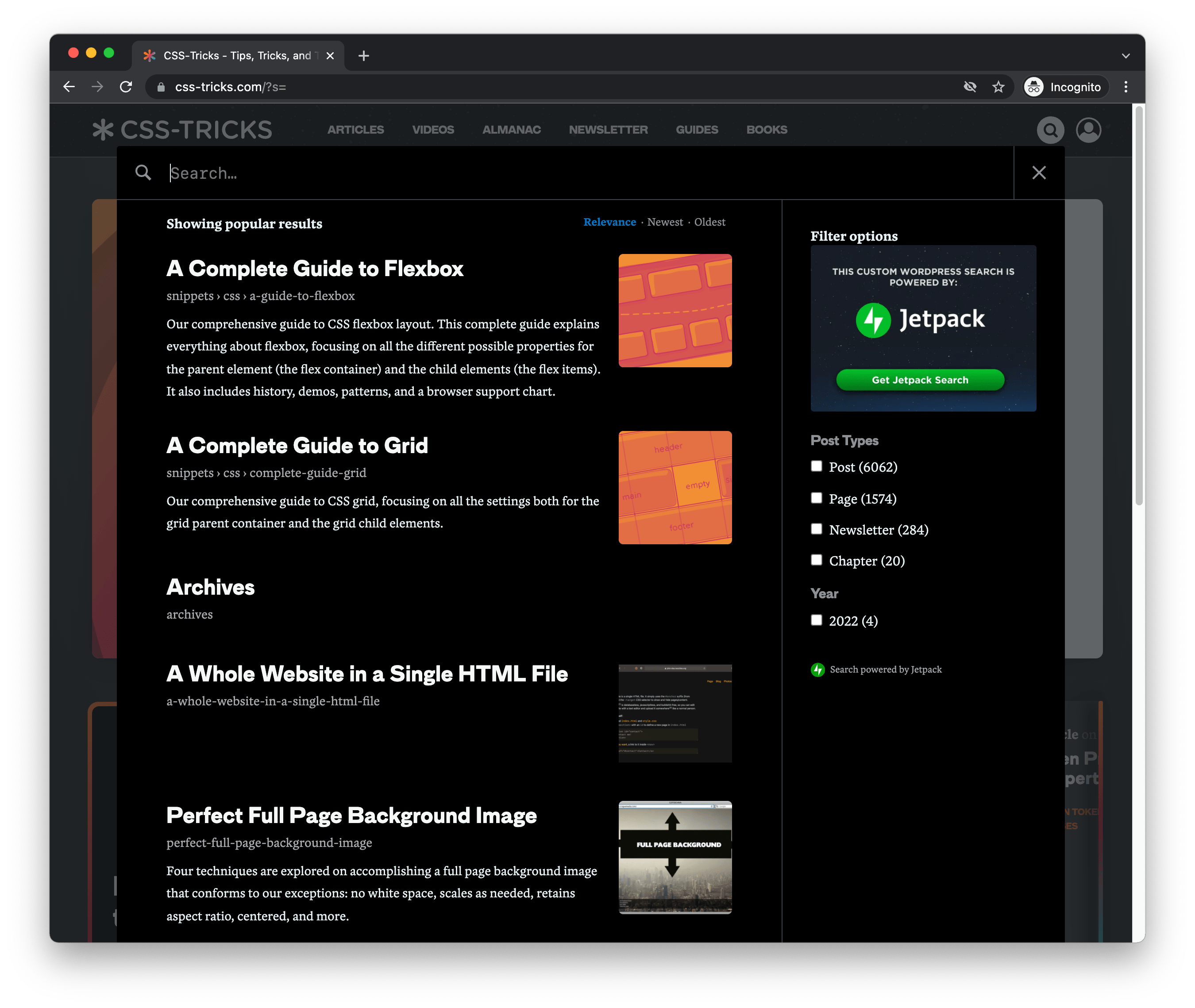 Muestra la función de búsqueda JetPack de página completa.