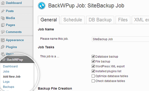 Crear un nuevo trabajo de copia de seguridad en BackWPup Crear un nuevo trabajo de copia de seguridad en BackWPup