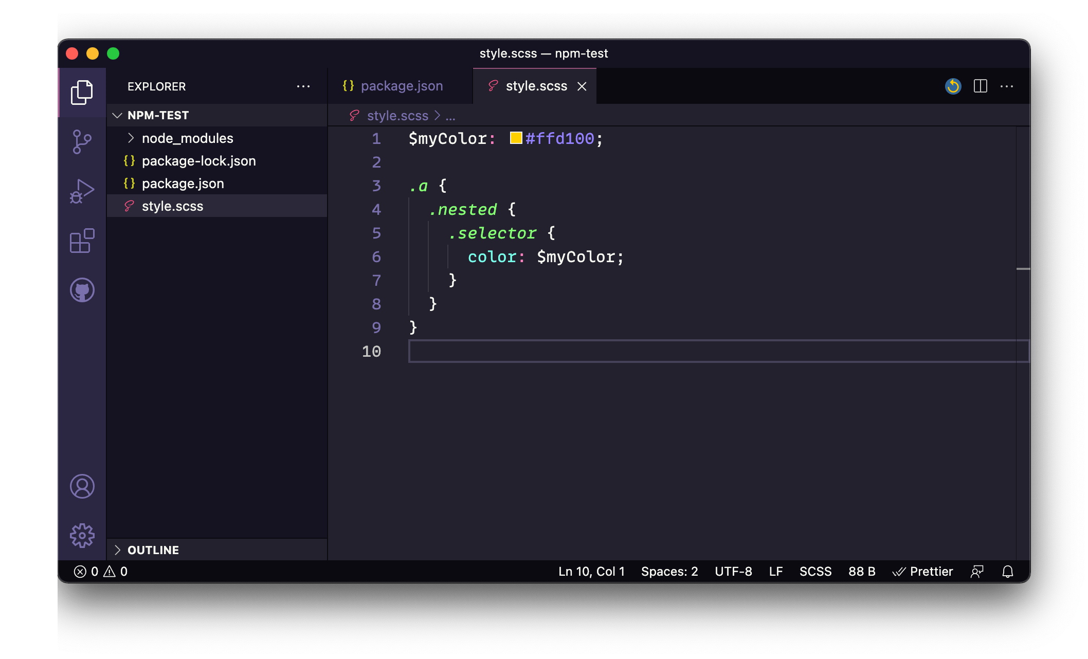 Captura de pantalla de la aplicación VS Code con el archivo style.scss abierto.  El archivo contiene una variable de color Sass y un selector anidado en tres niveles de profundidad.