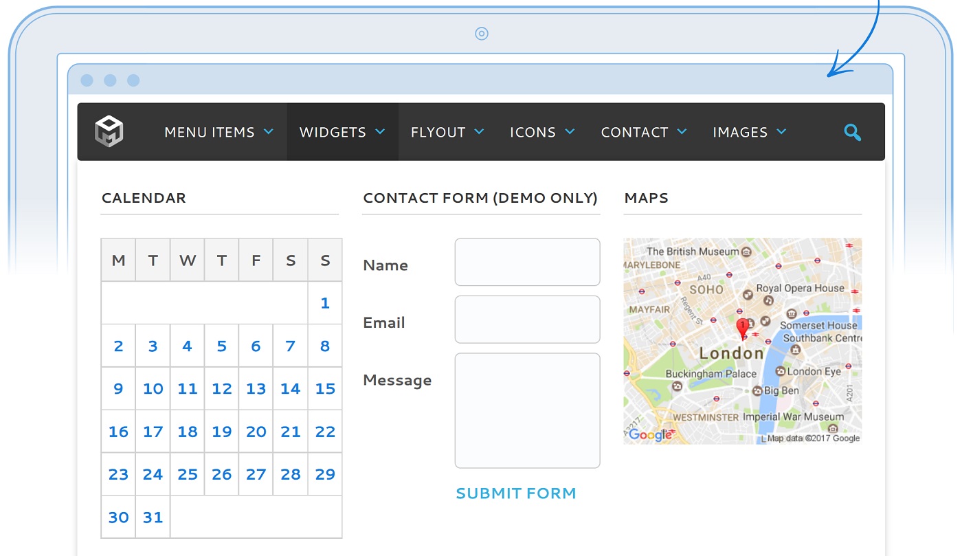 Una imagen de Max Mega Menu con calendario, formulario de contacto y mapa.