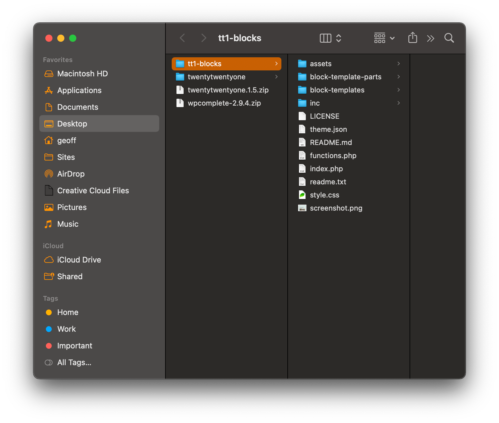 Captura de pantalla de una ventana de Mac abierta en la carpeta de temas TT1, que muestra que los temas de bloque de WordPress contienen menos archivos.