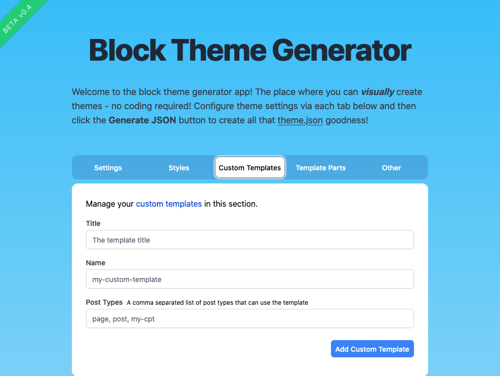 Captura de pantalla de la página de inicio de la aplicación Block Theme Generator.  Hay un fondo azul brillante y un texto azul oscuro que lo saluda en el sitio y una captura de pantalla de la aplicación.
