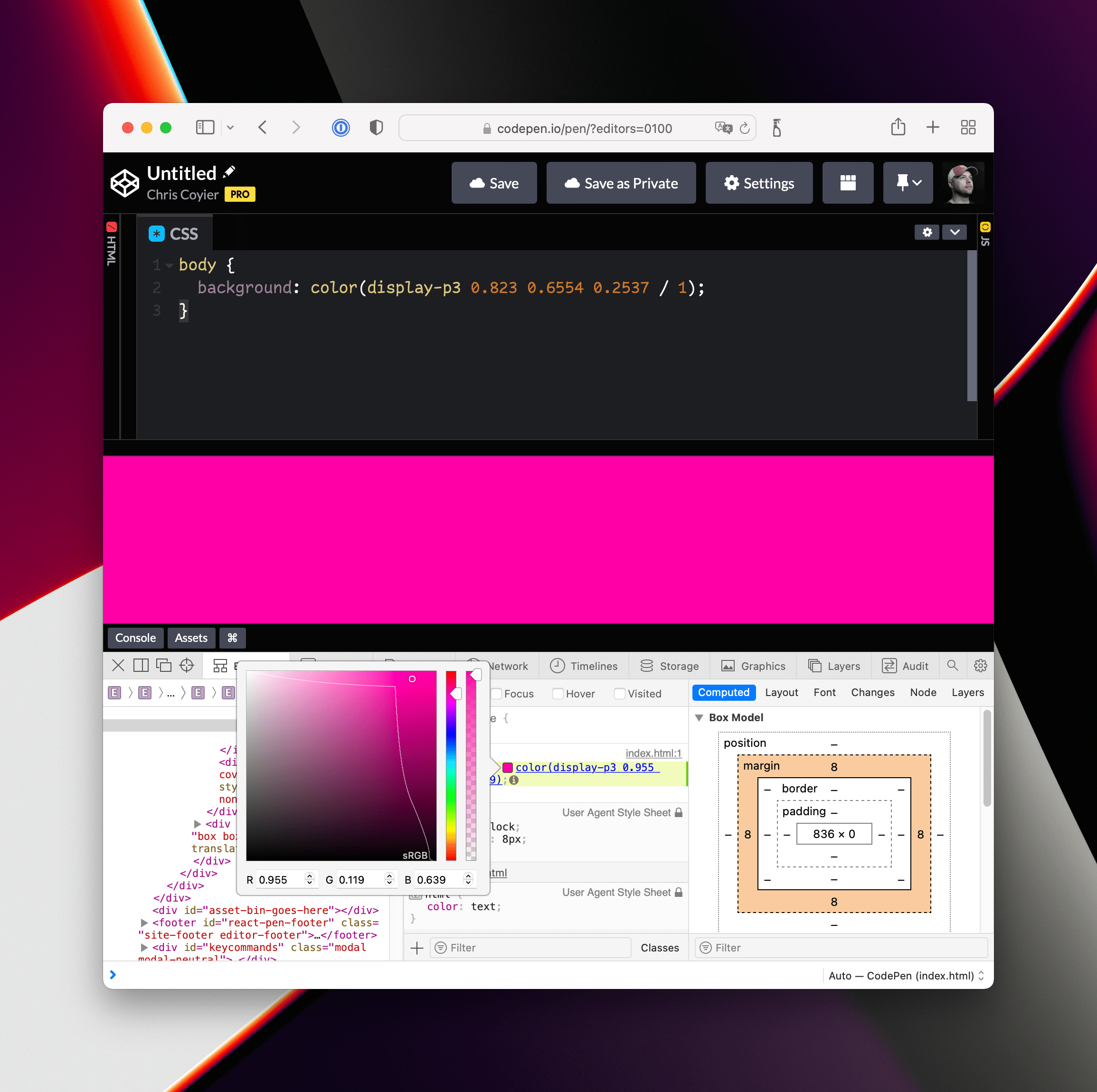 Captura de pantalla de rosa súper brillante en la vista previa de CodePen usando la sintaxis de color CSS display-p3.