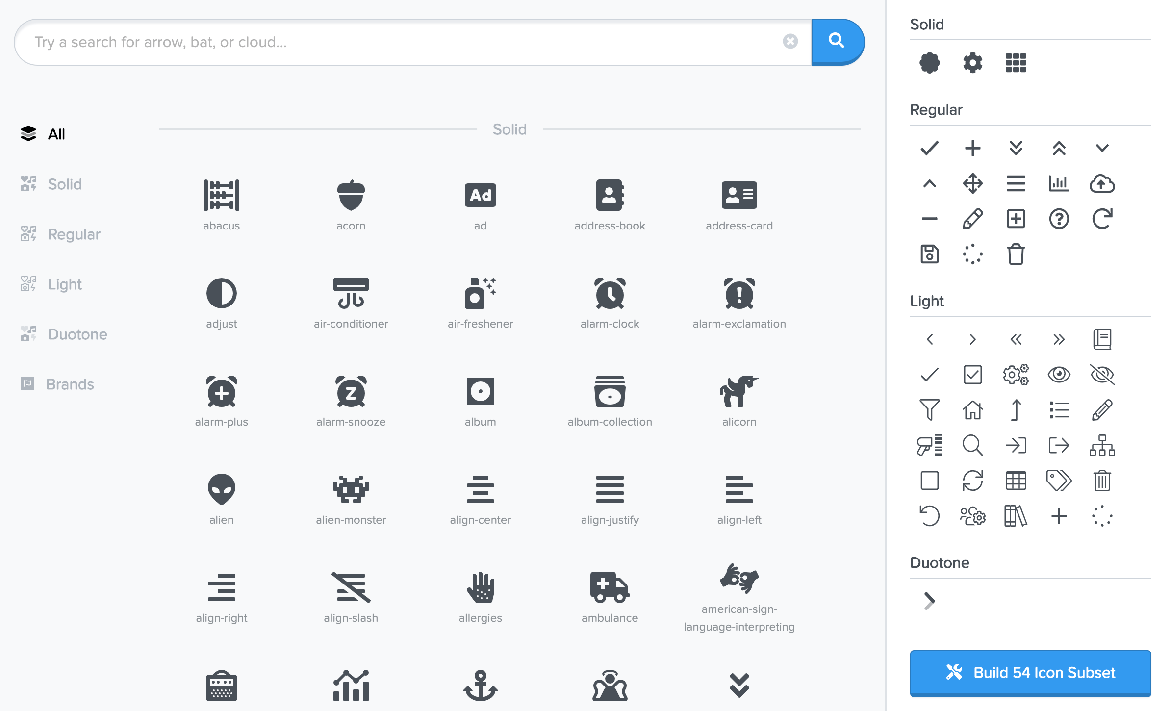 Captura de pantalla de la aplicación de escritorio Font Awesome.  Los iconos aparecen como mosaicos en un diseño de cuadrícula.