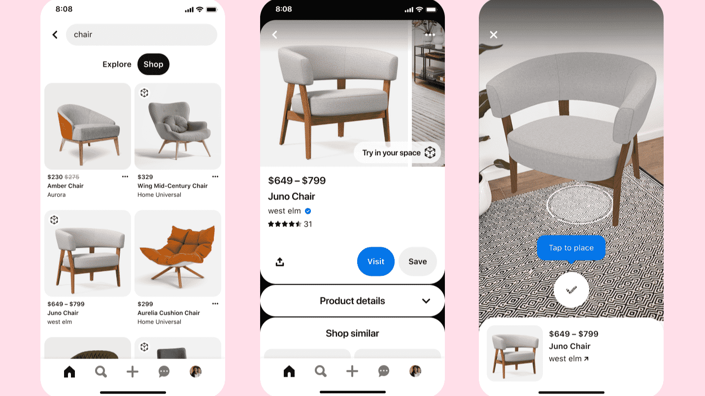 El marketing de realidad aumentada se expande con el nuevo Pinterest Try On para muebles