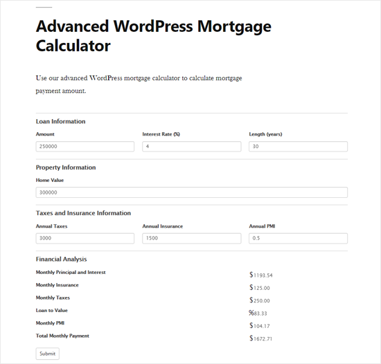 Ver una vista previa de la calculadora de hipotecas de WordPress