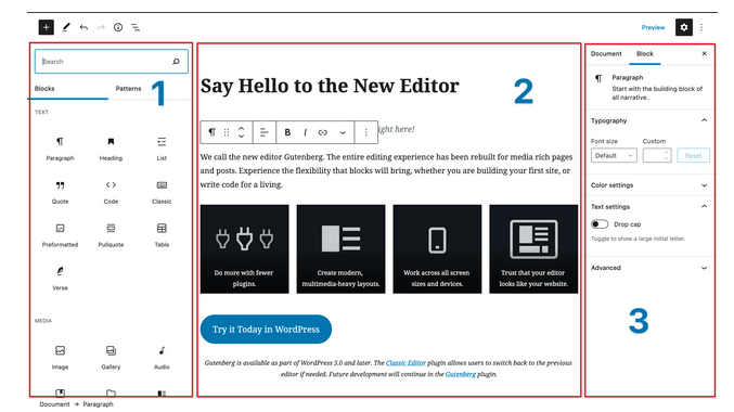 Captura de pantalla completa del editor de bloques de WordPress, dividida en tres partes con números resaltados en rojo.