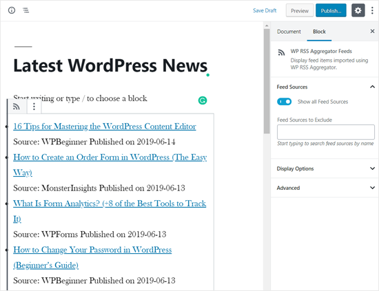 Feed de noticias RSS agregado en WordPress Gina