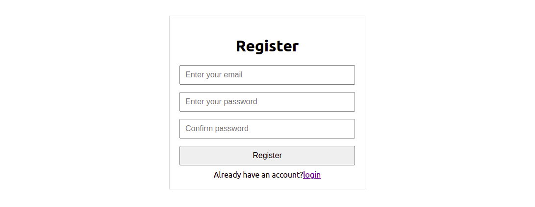 Se muestra un formulario de registro de usuario con los campos para ingresar correo electrónico, contraseña y confirmación de contraseña.  Un botón gris con la etiqueta 