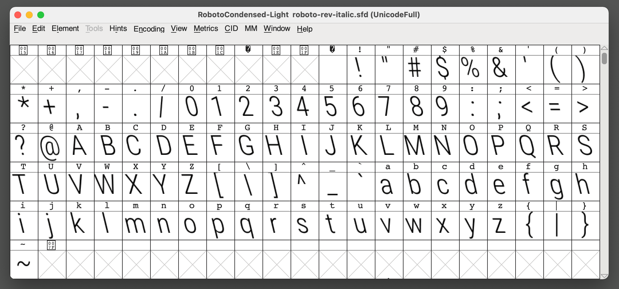 Captura de pantalla de FontForge que muestra glifos del archivo de fuente Roboto en mosaicos cuadrados.  Las letras y los símbolos están inclinados hacia la izquierda, a diferencia de las cursivas simples.