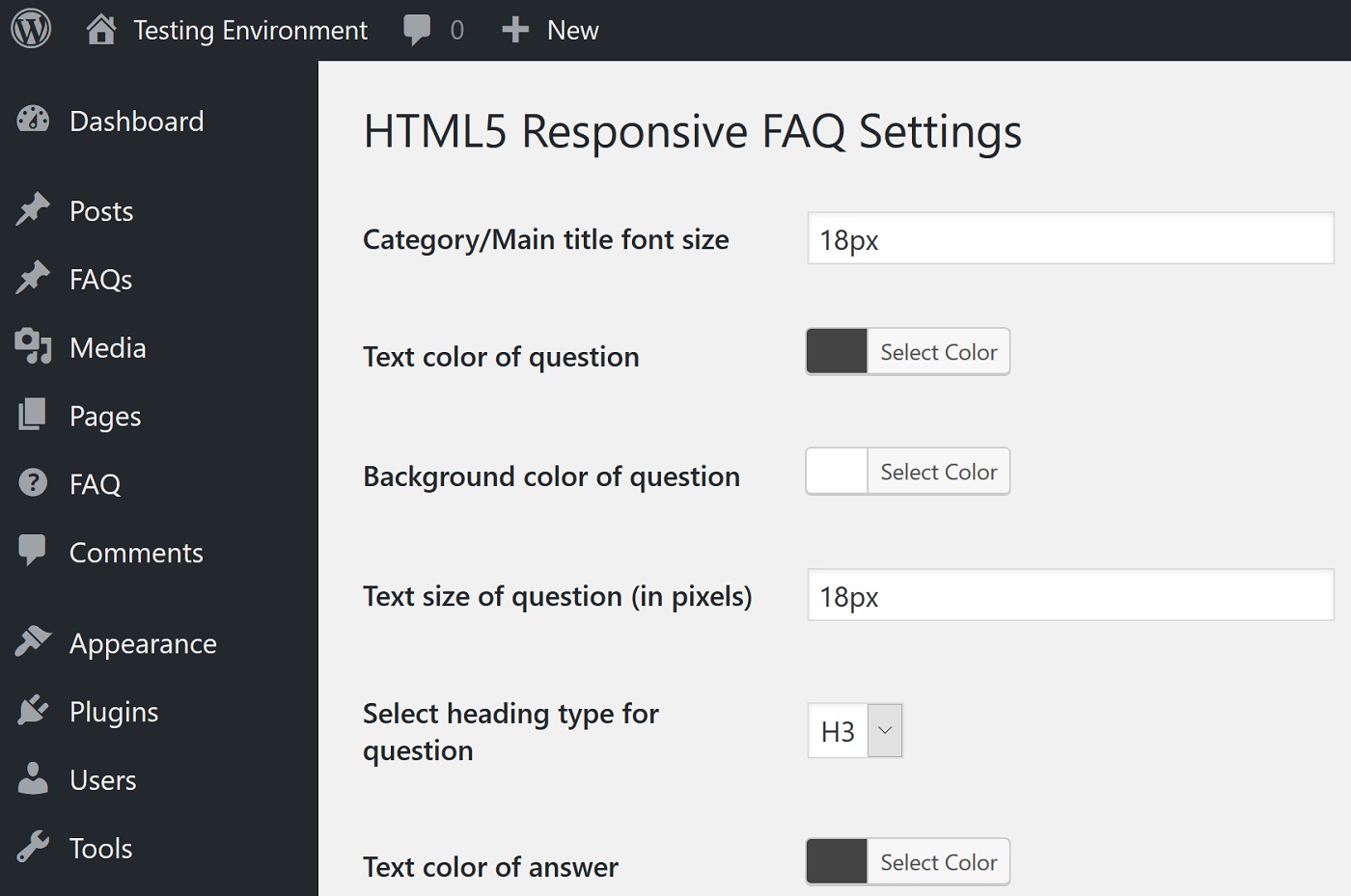 Una instantánea de la barra de configuración de HTML5 Frecuencias de respuesta