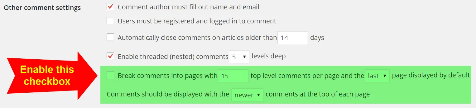 Habilite los comentarios simplificados en la página en el tablero de WordPress