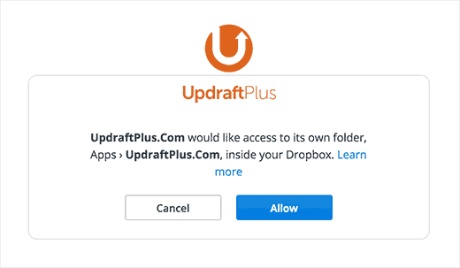 Permitir que UpdraftPlus se una a Dropbox