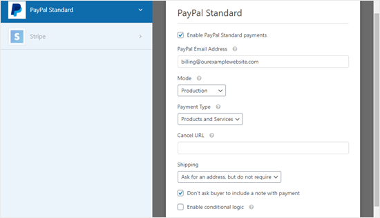 El formulario de configuración de configuración de la página de PayPal