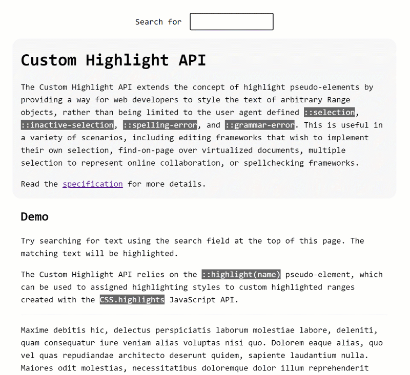 Captura de pantalla de la animación de demostración de la API CSS Custom Highlight.