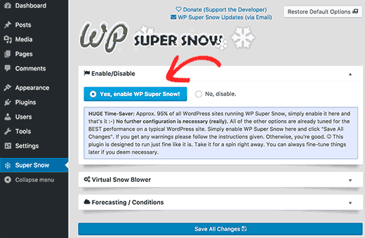 Configuración de configuración de WP Super Snow