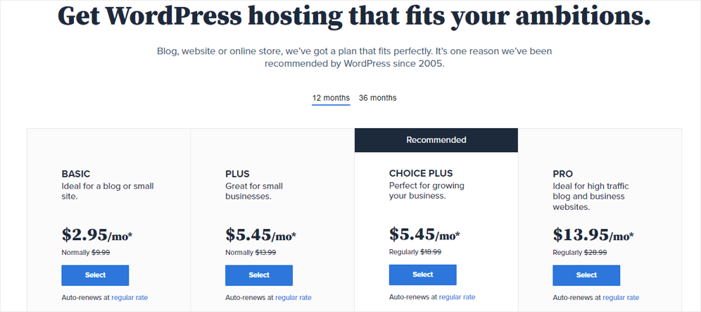 Planes de precios de Bluehost para alojamiento de WordPress