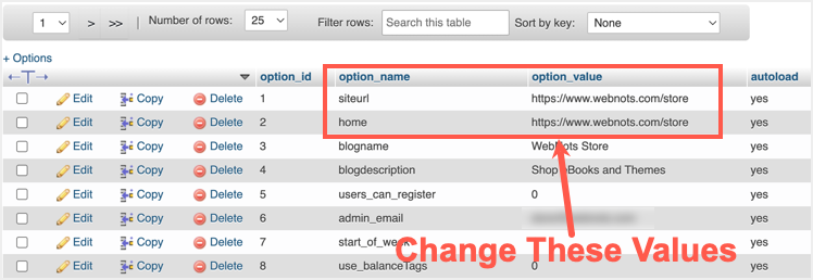 Cambiar la URL del sitio en phpMyAdmin