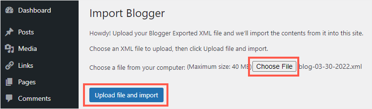 Seleccione un archivo XML y Suba