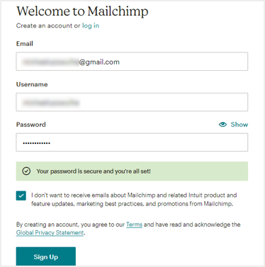 Formulario de creación de cuenta de Mailchimp