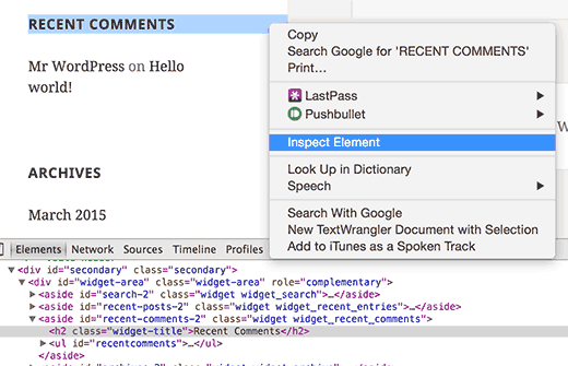 Use el elemento de inspección de Hermione en Google Chrome para ingresar a las clases de CSS