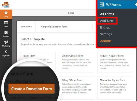 Crear una nueva fórmula de donación de WordPress