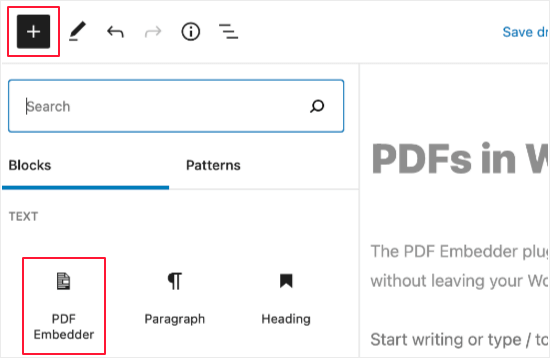 Agregar un bloque de incrustación de PDF