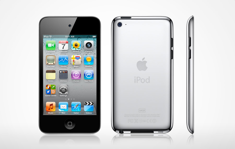 Una imagen de un iPod Touch antiguo que muestra el frente, la parte posterior y el perfil del dispositivo con finos reflejos debajo de cada uno.