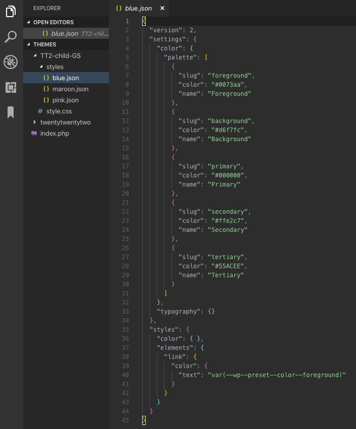 Captura de pantalla de la interfaz de usuario de Visual Studio Code que muestra la estructura de archivos del tema secundario "azul.json", "granate.json"y "rosa.json" en el directorio de la hoja de estilo.