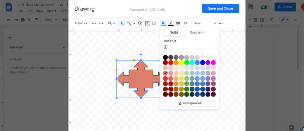 Captura de pantalla de la personalización de un dibujo en Google Docs.