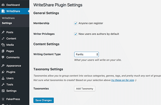 Página de configuración de WriteShare