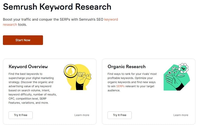 Página de inicio de investigación de palabras clave de Semrush
