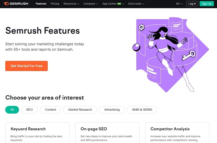 Semrush incluye una página de aterrizaje